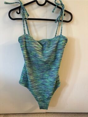 aerie Multicolor Blue-Green Striped Tie-Shoulder One-Piece